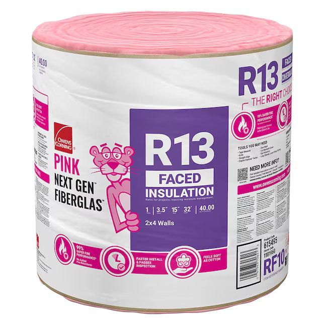 A roll of Owens Corning R13 15 in. x 32 ft. Kraft faced fiberglass insulation (40 sq. ft.), designed for 2x4 walls, features pink and white packaging with the Pink Panther mascot and key product details.